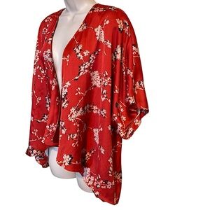 Forever 21 Red Cherry Blossom Floral Satin Kimono Size S